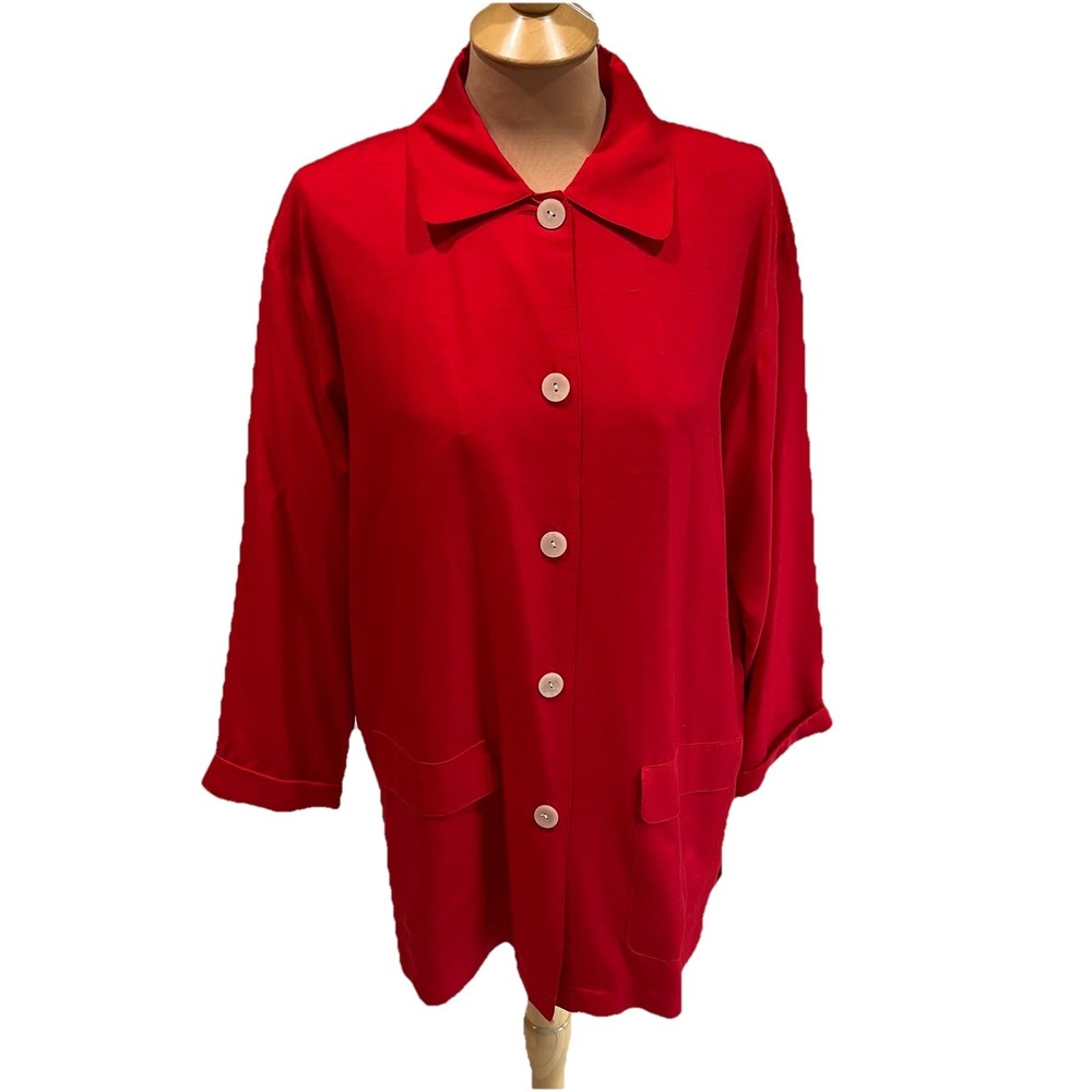 Vtg Jacqueline Ferrar Women's Red Silk Button Up Tunic Jacket Size 12 Holiday